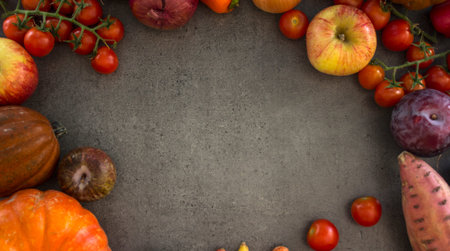 Top view photo of pumpkins, carrots, apples, cherry tomatoes and red onion on grey background with copy space. Colorful frame or border made of fresh autumn vegetables.の写真素材