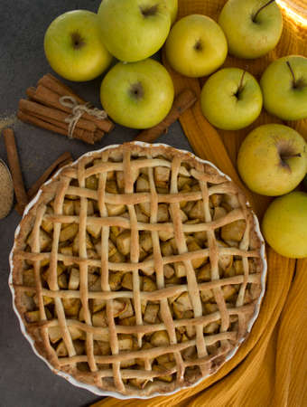 Apple pie on yellow fabric background. Beautiful decorated pie top view photo. Homemade dessert pie.の写真素材