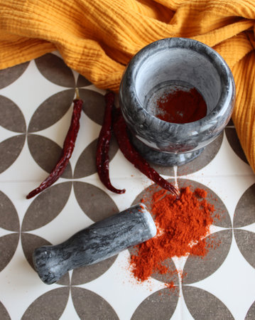 Mortar and pestle made of gray stone, chili peppers and paprika powder on a table. Seasonings top...