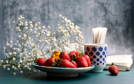 Strawberry on decorative ceramic plate. Top view photo of juicy berries. Simple composition still...