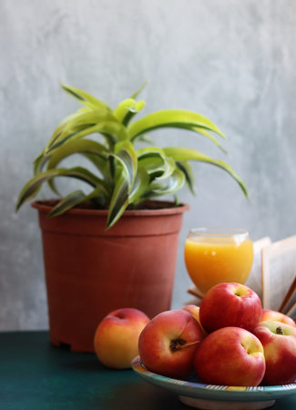 Still life with fresh organic fruit. Close up photo of nectarines and peaches on a table. Eating...