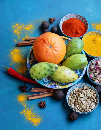 Indian spices and fruits on blue background. Spices and herbs.の写真素材