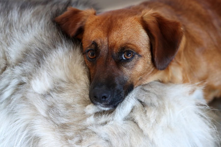 Cute small brown dog on white fur background. Selective focus with shallow depth of field.