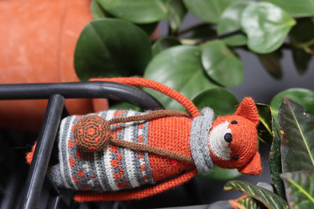 Handmade knitted toy on a background of green plants.の写真素材