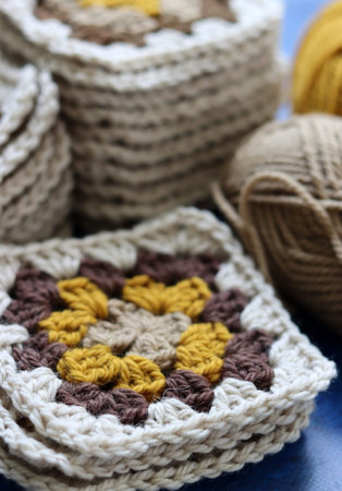 Handmade crocheted woolen balls on blue background, closeup