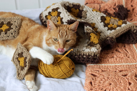 Cute ginger cat lying on the bed with a wool ball and knitting needles