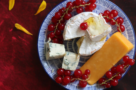 Cheese platter with red currant and blue cheese on red backgroundの写真素材