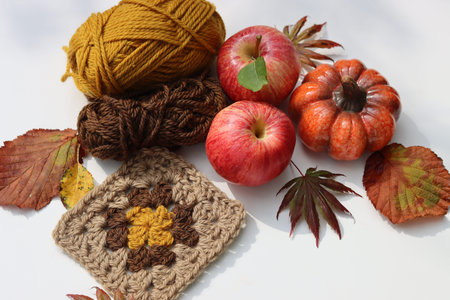 Autumn still life with pumpkins, apples and knitted scarf
