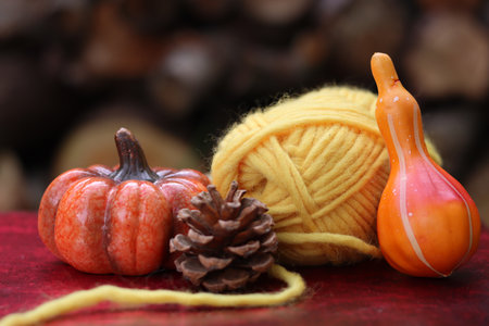 Pumpkin and yarn for knitting on wooden background. Autumn still life.の写真素材