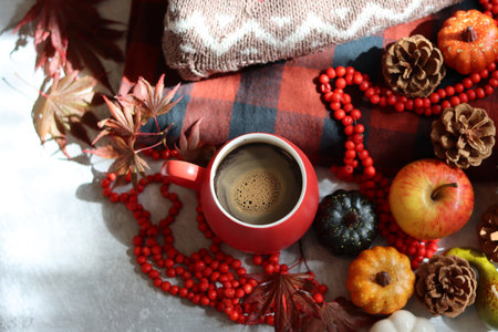 Cup of coffee, autumn leaves, berries and plaid on tableの写真素材