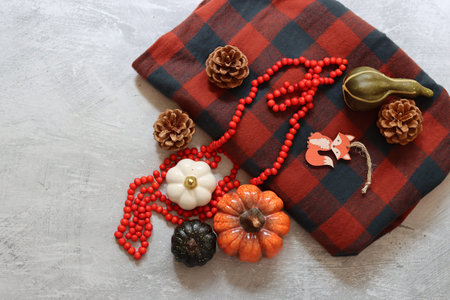 Autumn still life with pumpkins, red beads, red plaid on a gray backgroundの写真素材