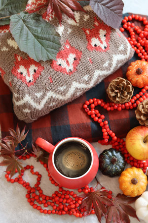 Cup of coffee, scarf and autumn leaves, on light background