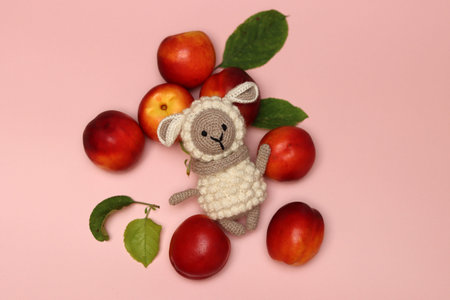 Knitted toy sheep, plums and leaves on a pink backgroundの写真素材
