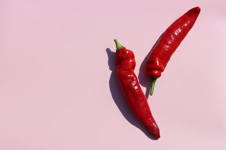 Red hot chili peppers on pink background. Minimal food concept.の写真素材