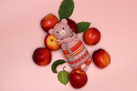 Knitted toy bear with plums and leaves on a pink backgroundの写真素材