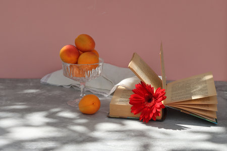 Open book, fresh apricots and flower on tableの写真素材