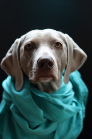 Weimaraner dog in a turquoise scarf on a black backgroundの写真素材