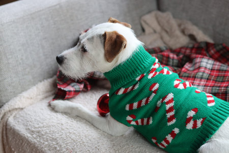 Jack Russell Terrier in a Christmas sweater sitting on a sofa.の写真素材