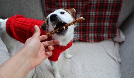 Cute Jack Russell Terrier dog in red sweater with stick in hand