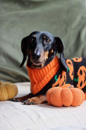 Dachshund in a warm Halloween themed sweater with a knitted pumpkin toyの写真素材