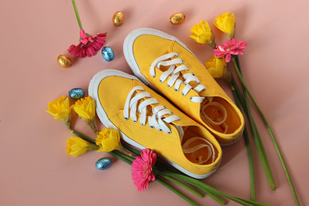 Yellow sneakers with yellow flowers and easter eggs on pink background.