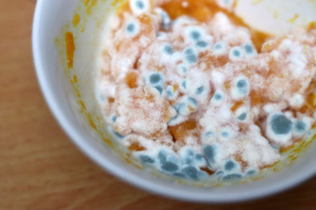 Moldy moldy food in a bowl on the table.