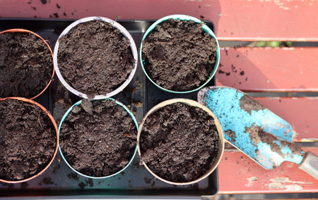 Peat pots with soil, top view. Gardening concept.