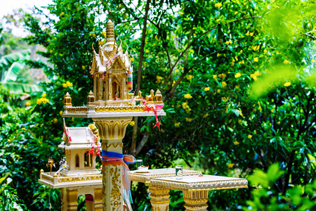 Closeup image of buddist temple outdoors at summer tropical background. Concept of calm place for meditation.の写真素材