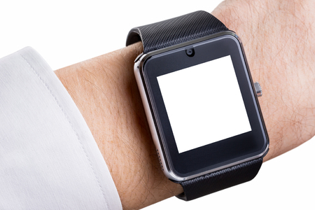 Closeup image of male hand with smart watch with blank screen isolated at white.の写真素材