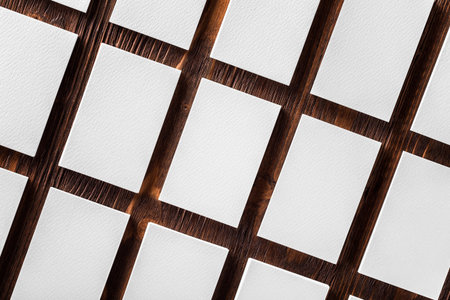 Mockup of blank business cards stacks arranged in rows at textured wooden table background.