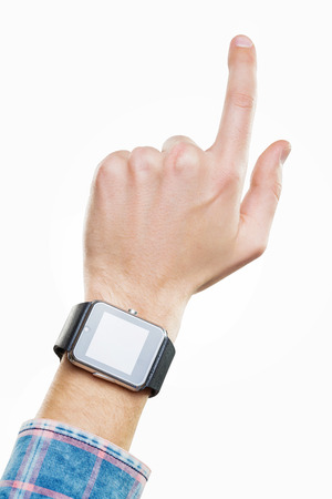 Mockup of male hand with smart watch pointing with forefinger isolated at white background.の写真素材