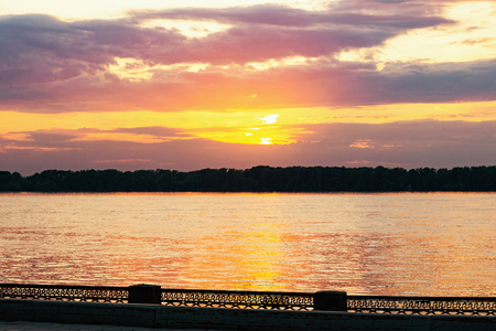 Sunset cityscape of Volga river embankment, Samara, Russia.の写真素材