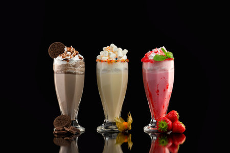 Three glasses of colorful milkshake cocktails - chocolate, strawberry and vanilla decorated with fresh berries and mint isolated at black background.の写真素材
