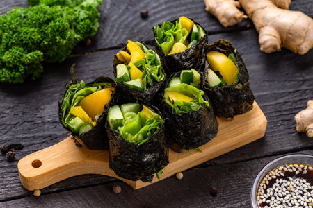 Set of healthy vegetarian vegetables sushi rolls with cucumber, pepper and green salad at decorated wooden table background.の写真素材