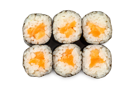 Top view closeup japanese classic sushi rolls with salmon isolated at white background.の写真素材