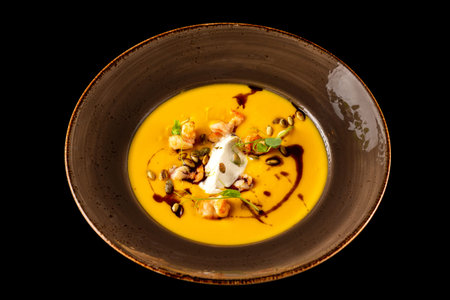 Pumpkin soup with shrimps and sour cream served in a plate isolated at black background.の写真素材