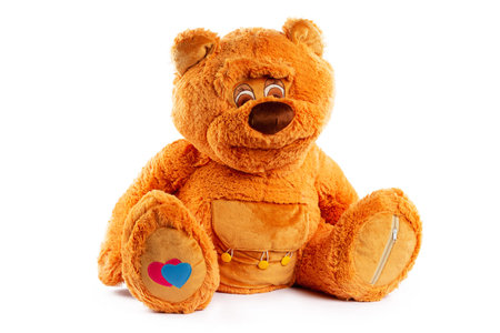 Image of brown toy teddy bear sitting at white isolated background.