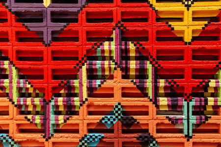 Closeup image of abstract colorful brick wall with painted ornament. Graffiti urban background.
