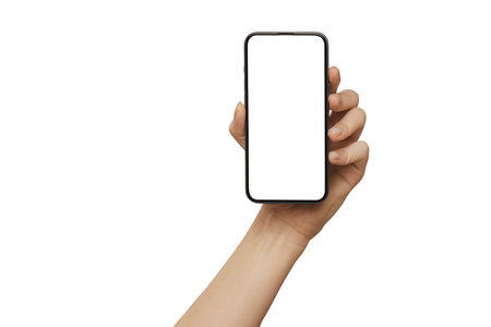Female hand holding modern mobile phone with blank screen isolated on white background. cell phone...