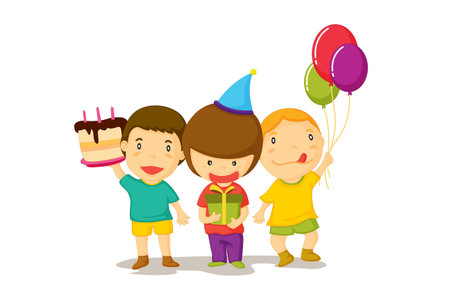 Illustration of three young boys celebrate a birthday with cake and balloons.のイラスト素材