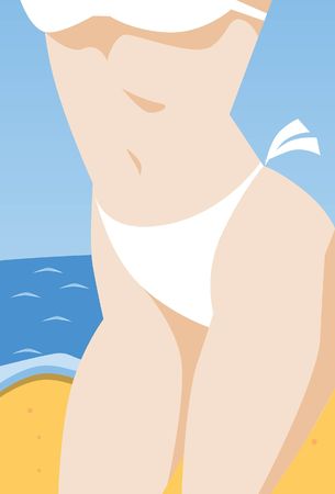 An image of a woman's torso clad in a white bikiniの写真素材