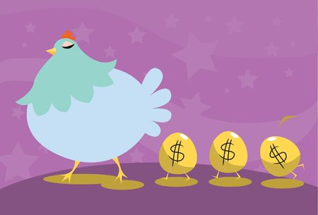 An image of a hen walking with three golden eggs having the dollar sign following herの写真素材