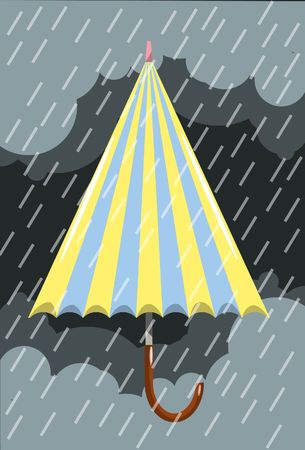 An image of a half-opened umbrella suspended in air while rain is pelting down on it.の写真素材