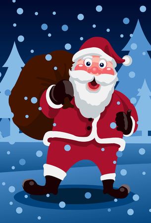 An image of Santa Claus standing in falling snow holding a sackの写真素材