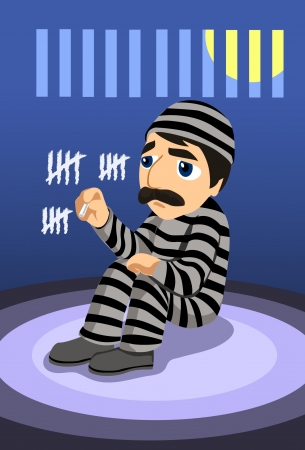An image of a depressed prisoner sitting in his prison cell marking days on the wallの写真素材