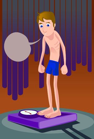 An image of a emaciated boy standing on a weighing scale and wondering why he hardly weighs anythingの写真素材