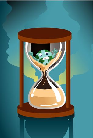  An image of a globe with outstretched hands slipping through an hourglass along with the sand, while fumes are emerging from the rear of the hourglassの写真素材