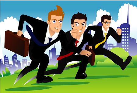 An image of three businessmen running as if they are racing one anotherの写真素材