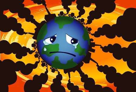 An image of the globe crying while flames are emerging from all sidesの写真素材