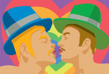 An image of two men wearing hats and pursing their lips to kiss each otherの写真素材